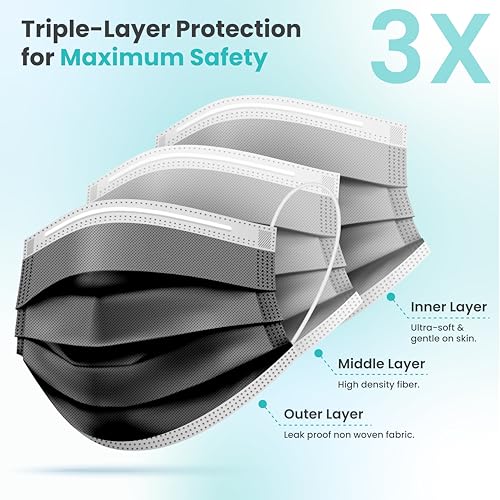 [Pack Of 150] Black Disposable Face Mask, 3-Ply Adult Masks, Facial Cover with Elastic Earloops For Home, Office, School, and Outdoors