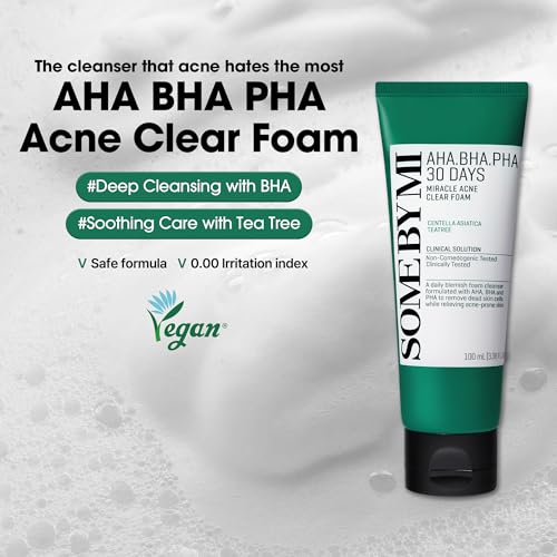 SOME BY MI AHA BHA PHA 30 Days Miracle Acne Clear Foam – 3.38oz, 100ml – Korean Acne Face Wash for Smooth & Clear Skin – Salicylic Acid Cleanser for Exfoliation & Sebum Control – Korean Skin Care