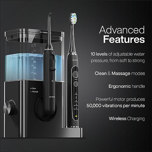 AquaSonic Home Dental Center PRO – Brushing & Flossing Made Easy – Brush & Floss – Power Toothbrush & Water Flosser – Whiter Teeth & Healthier Gums – Black Series Pro+Oral Irrigator
