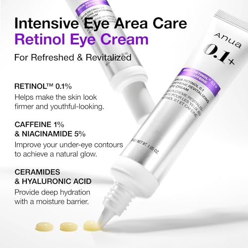 ANUA Retinol 0.1 Caffeine Revitalizing Eye Cream, Under Eye Cream For Hydration, Glow Up Eye Contour, Niacinamide, Retinol For Face, Night Cream For Eye Care, Korean Skin Care (30g/1.05oz)