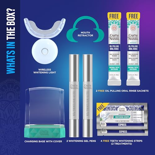 GuruNanda Professional Teeth Whitening Wireless Kit with LED Light & Whitening Pen, Helps Remove Surface Stains from Coffee, Food, Soda, 40 Treatments