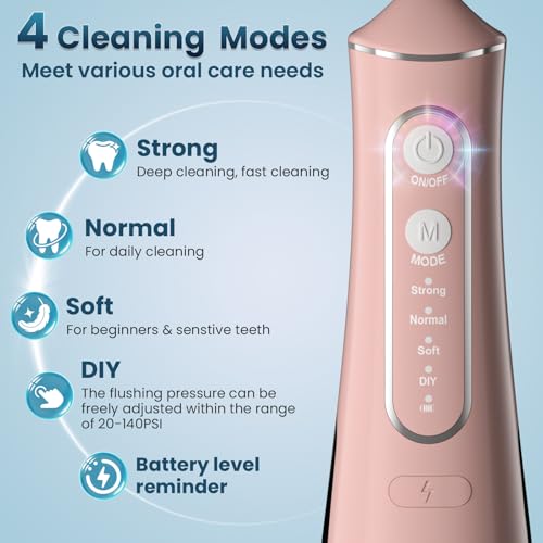 Water Flosser for Teeth Cleaning, 300ML Portable Cordless Oral Irrigator with DIY Strength, 4 Modes, IPX7 Waterproof & 30-Day Battery, 2-Min Smart Timer for Home/Travel Dental Care, Rose Gold