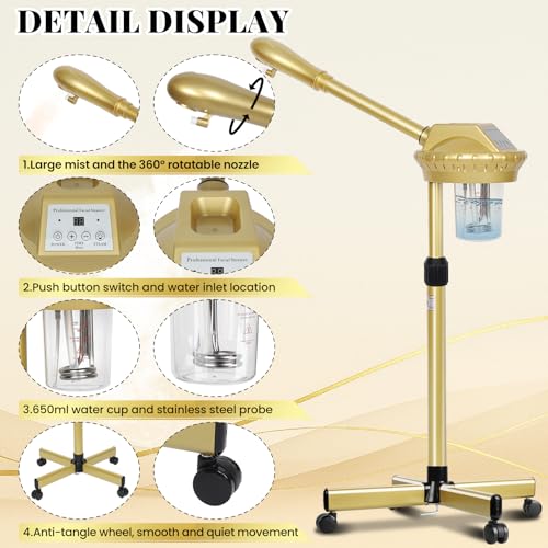 Facial Steamer Professional with More Steam for Deep Cleansing and Hydration, Estheticians Steamer on Wheels with Time Setting, Face Steamer Adjustable Height for Beauty, Spa and Home Use（Golden）