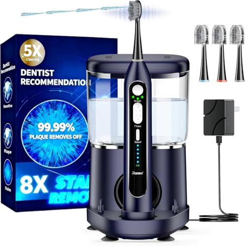 Electric Toothbrush with Water Flossers for Adults, Upgrade Flossing Toothbrush Combo, 5 Floss Speeds&3 Brush Modes, 500mL Tank, 30-Day Battery, for Adults & Teens, Gums, Braces, Dental Care,Blue