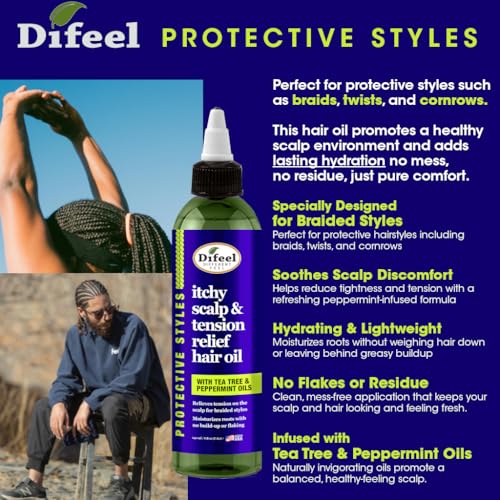 Difeel Itchy Scalp & Tension Relief Hair Oil with Tea Tree & Peppermint Oils for Braided Styles 8 oz.