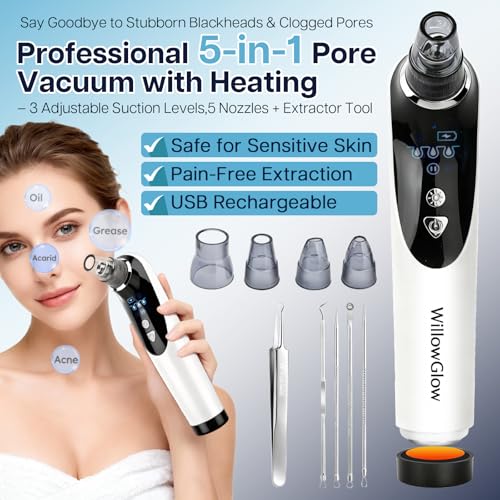 Heated Pore Vacuum, Blackhead Remover with Strong 3-Level Suction, 5 Nozzles for Deep Cleaning Face, Nose & Sensitive Skin, Professional Pore Extractor & Facial Kit