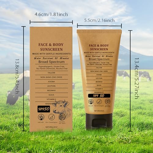Beef Tallow Sunscreen, Natural Mineral Sunscreen for Face, SPF50 Sunblock Beef Tallow for Skin Non Greasy Clean, Anti White Cast, Moisturizing for Face and Body, Women and Men. - 3 fl.oz