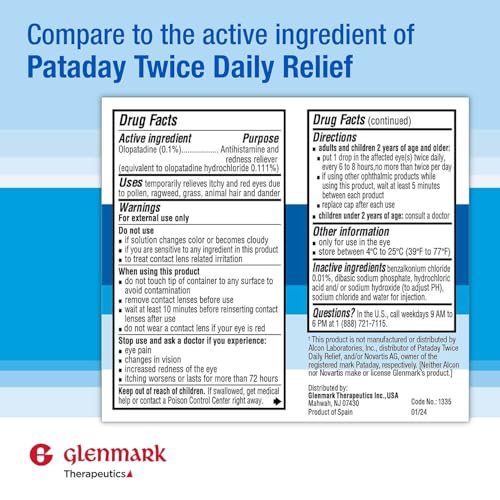 Glenmark Therapeutics Olopatadine Eye Drops for Allergies, Redness Relief, Antihistamine Eye Drops, Allergy Relief from Pet Dander, Pollen, Grass, Ragweed, Works in Minutes, Olopatadine HCl 0.1%, 5ml