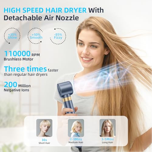 6-in-1 Hair Styler, Hair Dryer, Multi-Function Hot Air Brush Set, Ionic Blow Dryer with Interchangeable Attachments for Curling, Straightening, Volumizing, Gift for Women(Gemstone Blue)