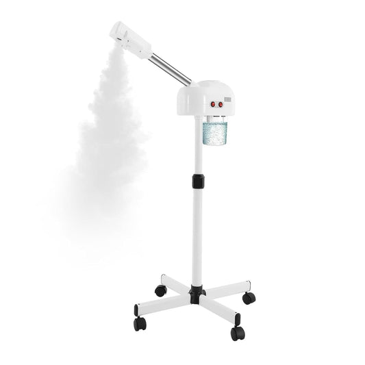 Salon-Grade Facial Steamer on Rolling Cart with 360° Rotating Nozzle - Professional Vapor & Ion Hydration Machine for Deep Cleansing, Skin Rejuvenation & Facial Care(White)