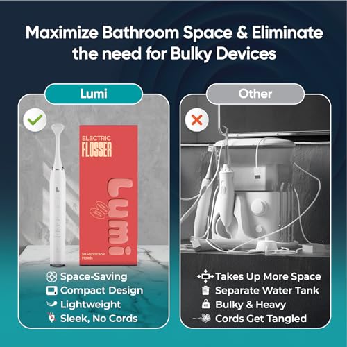 Lumi Electric Flosser | 2 in 1 Electric Flosser for Adults w/ 4 Speeds + 50 Replacement Heads - Dentist Recommended | Easy Glide Flossing for Gentle Gum Care, Tongue Scraper, Water Alternative flosser