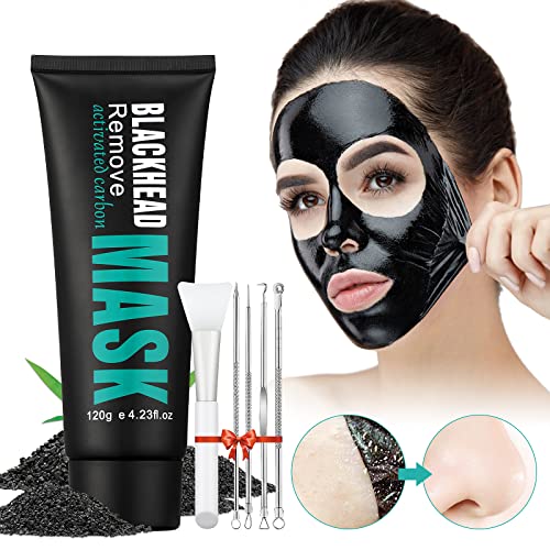 Peel Off Face Mask Blackhead Whiteheads Remover Masks Activated Charcoal Black Mask Purifying Peeling Facial Mask for Nose Pores Removal Cleansing Acne with Brush and Pimple Extractor Tools