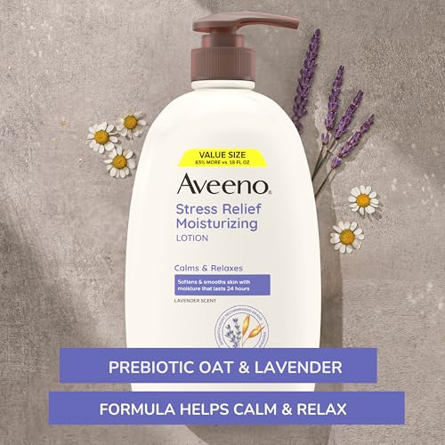 Aveeno Stress Relief Moisturizing Body Lotion 33 Fl Oz, Lavender Scent with Prebiotic Oat, Hydrating 24-Hour Moisturizer Non-Greasy for Dry Sensitive Skin, Paraben & Dye Free, Calming & Relaxing