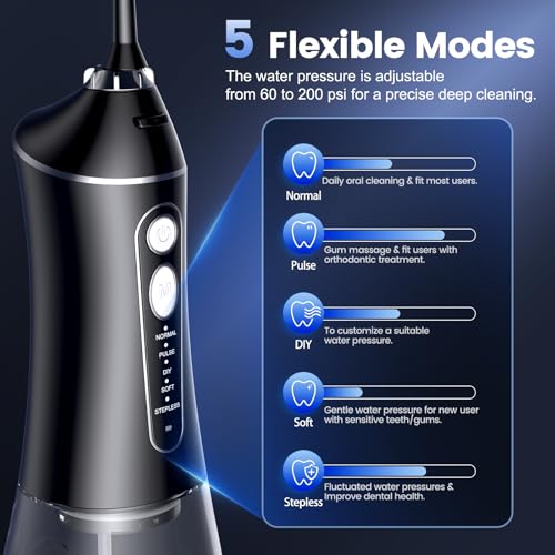 Water Flosser for Teeth Cleaning and Flossing, 5 Modes Rechargeable Cordless Oral Irrigator 320ml Water Tank Teeth Cleaner, IPX7 Waterproof Portable Electric Dentel Flossers for Home and Travel,Black
