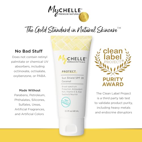 MyCHELLE Dermaceuticals Sun Shield SPF 28 Coconut (2.3 Fl Oz) - Soothing Reef Safe Sunscreen with Vitamin E and Aloe - Travel Size Zinc Sunscreen for Face and Body