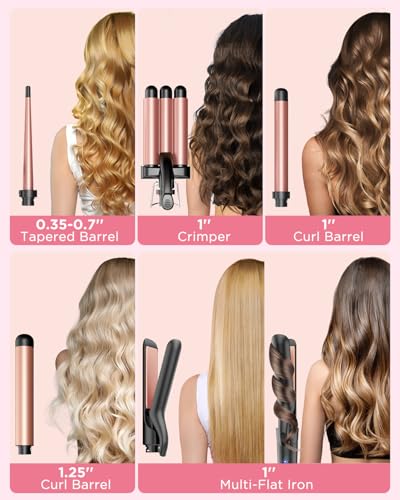 5 in 1 Wand Curling Iron-Kinked Curling Wand Set with Flat Iron Hair Straightener, 3 Barrels Hair Crimper, 3 Ceramic Curling Irons (0.35"-1.25"), 2 Temps Fast Heat Hair Waver Curler with Glove & Clip