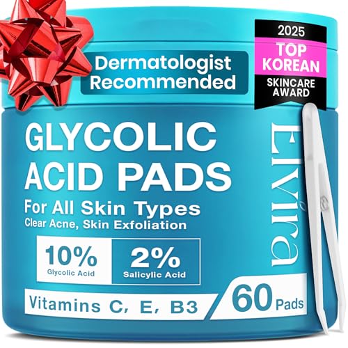 Elvira Glycolic Acid Exfoliating Facial Pads With 10% Glycolic Acid, 2% Salicylic Acid & Niacinamide - 60 Toner Pads, Daily Peel Treatment for Acne Prone Sensitive Skin