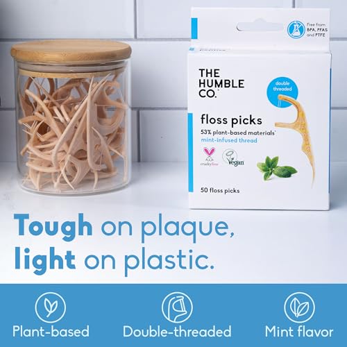 The Humble Co Dental Floss Picks for Teeth, 200 Count (Mint) - Double Thread Tooth Picks Flossers for Adults Gum Health - Toothpick Floss for Interdental Oral Care & Hygiene