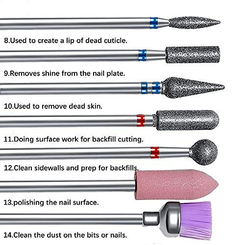 14pcs Nail Drill Bits Set, Professional Rotary Burrs Diamond Cuticle Remover Bits Kit, 3/32" Electric Manicure Nail File Bit for Acrylic Gel Nails Cuticle Manicure