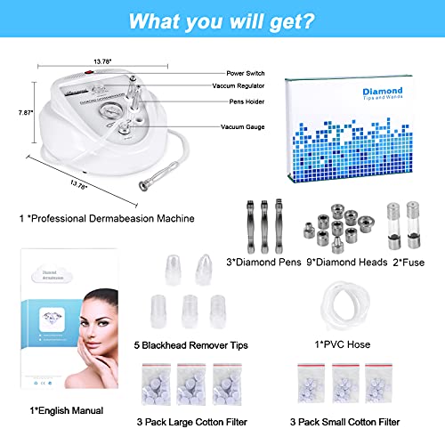 2 in 1 Diamond Microdermabrasion Machine Professional Blackhead Removal Equipment, 65-68cmHg Suction Power Professional Dermabrasion Facial Skin Care Massager for Home Salon Use with 300 Cotton Filter