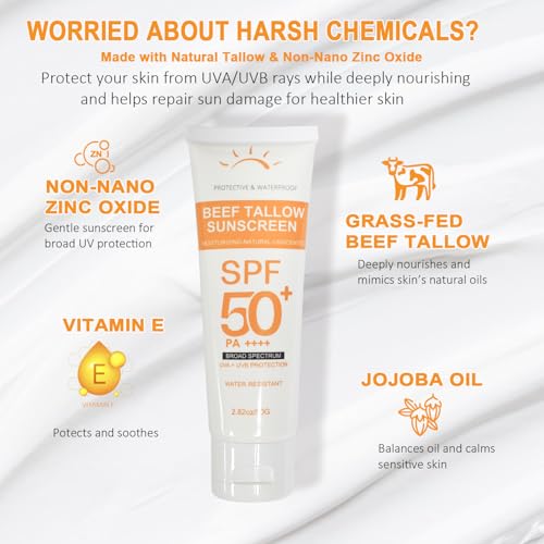 Beef Tallow Sunscreen with Zinc Oxide: Mineral Sunscreen SPF 50, Organic Natural Sun screen-Non Greasy Formula, No White Cast, Beef Tallow Sunblock for Sensitive Skin- Water-Resistant-2.82 oz (80g)