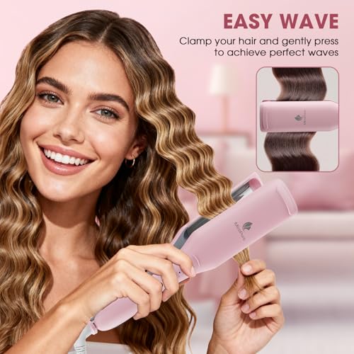 Curling Iron Hair Crimper Waver, MiroPure Waves Curling Wand 1 inch with 30S Fast Heating & PTC Heater, Deep Waver Hair Curler for Women, Dual Voltage, Pink