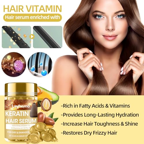 Keratin Hair Treatment Serum,Hair Serum Treatment for Dry Damaged Hair,Hair Oil Capsules with Keratin,Argan Oil-Leave-in Anti Frizz Conditioner with Vitamins A, C, E & B5- No Rinse for All Hair Types