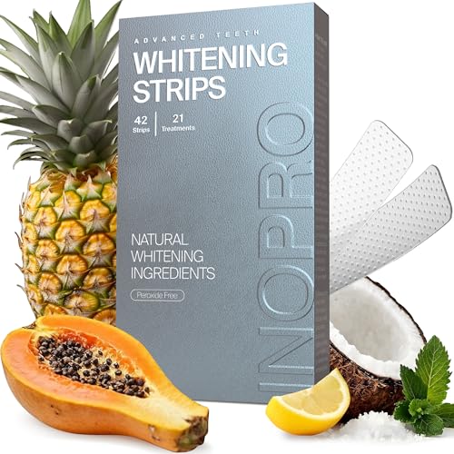 InoPro Natural Teeth Whitening Strips Kit 21 Treatments - Sensitive Teeth Whitener, Peroxide Free with Papain, Bromelain, Coconut Oil, White Strips for Teeth Whitening (42 Strips)