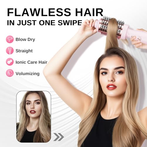 4-in-1 Blow Dryer Brush & Hair Straightener - NOVUS Ionic Hot Air Styler with Titanium Barrel, Volumizer for Frizz-Free Smoothing, Blowout Tool for All Hair Types (Pink)