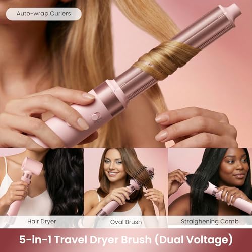 MESCOMB Dual Voltage Hot Air Styler Wrap - 5 in 1 Hair Dryer Brush with Fast Drying Blow Dryer, Styling, Straightening & Volumizing with Travel Bag (100V–240V) -Pink