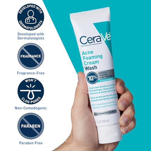 CeraVe Acne Foaming Cream Wash, Gentle Face and Body Cleanser with Benzoyl Peroxide 10%, Hyaluronic Acid, and Niacinamide, 10% Benzoyl Peroxide Treatment Clears Pimples and Blackheads 5 Oz