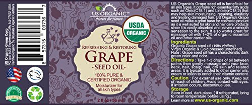 US Organic Grape Seed Oil, USDA Certified Organic, 100% Pure & Natural, Cold Pressed Virgin, Unrefined, in Amber Glass Bottle w/Glass Eyedropper for Easy Application (2 oz (56 ml))
