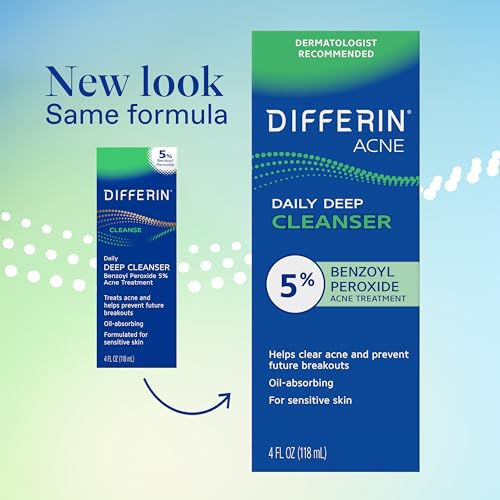 Differin Acne Face Wash with 5% Benzoyl Peroxide, Daily Deep Cleanser by the makers of Differin Gel, Gentle Skin Care for Acne Prone Sensitive Skin, 4 oz (Packaging May Vary)