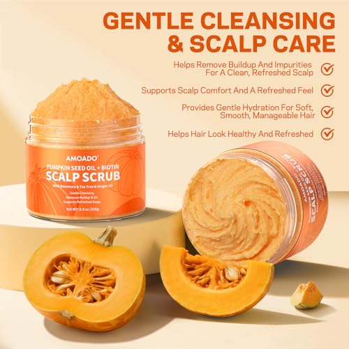 Scalp Scrub, Pumpkin Seed Oil Scalp Exfoliator With Biotin & Rosemary, Sulfate Free Scalp Detox for Itchy Scalp & Dandruff & Buildup Removal & Hair Growth, Hair Scrub with Scrubber