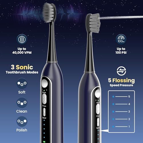 Electric Toothbrush with Water Flosser Combo, All in One Sonic Toothbrush with 3 Modes & 5 Flossing Speeds, Rechargeable & Portable for Adult Teeth Cleaning and Plaque Removal, Dark Blue