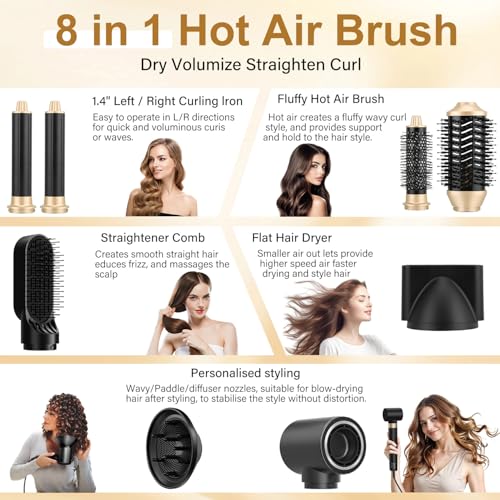 JAMIEWIN 8 in 1 Hair Dryer Brush Set, Detachable Hot Air Wrap Hair Styler with 110,000 RPM High-Speed, Fast Drying - NO Heat Damage Blow Dryer Brush for Curling, Volumizing, and Straightening