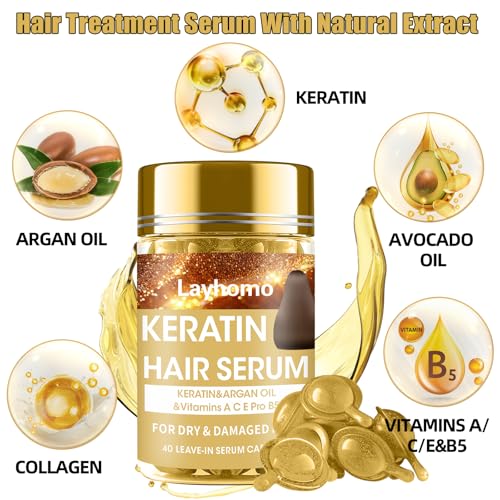 Keratin Hair Treatment Serum,Hair Serum Treatment for Dry Damaged Hair,Hair Oil Capsules with Keratin,Argan Oil-Leave-in Anti Frizz Conditioner with Vitamins A, C, E & B5- No Rinse for All Hair Types