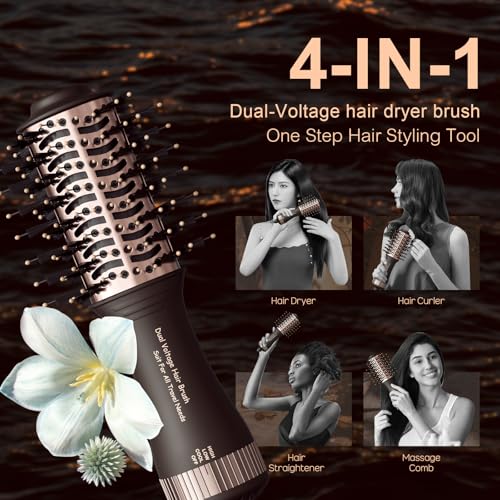 Travel Dual Voltage Hair Dryer Brush 4-in- 1,Portable Mini Hot Air Blow Dryer Straightener & Curler Brush,Titanium Oval Blowout Styler Volumizer Tools-Dark Chocolate