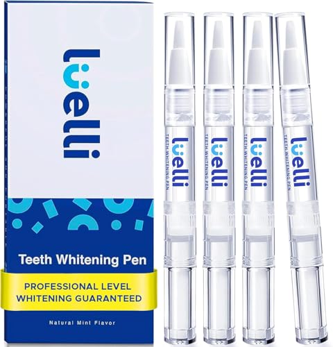 Luelli Teeth Whitening Pen, 50+ Uses - Travel Size Professional Tooth Whitener Gel, Extra Strength Organic Teeth Bleaching Gel for Sensitive Teeth, Instant Stain Removal, Simply White Smile, 4 Count