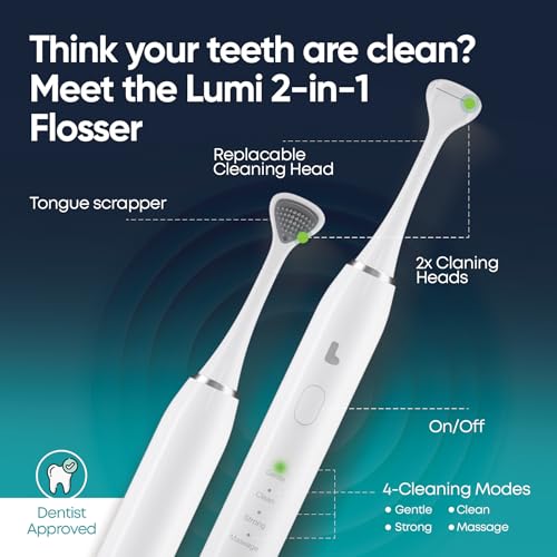 Lumi Electric Flosser | 2 in 1 Electric Flosser for Adults w/ 4 Speeds + 50 Replacement Heads - Dentist Recommended | Easy Glide Flossing for Gentle Gum Care, Tongue Scraper, Water Alternative flosser