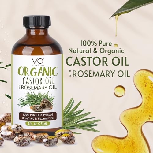 VITAL AFFAIR Organic Castor Oil With Rosemary Oil For Hair Growth - 100% Pure Rosemary Hair Oil With Pure Castor Oil Cold Pressed Unrefined Glass Bottle - Strengthening & Volumizing 8 Fl Oz