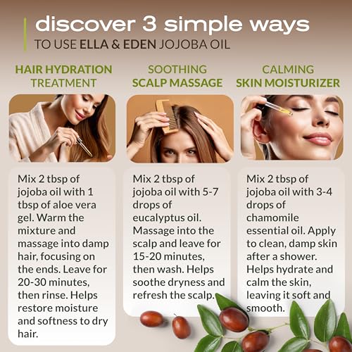 Ella & Eden Organic Jojoba Oil – USDA Certified, Cold-Pressed, 100% Pure & Unrefined, Hexane-Free Oil for Skin, Face, Hair & Nails – 4 Fl Oz Glass Bottle