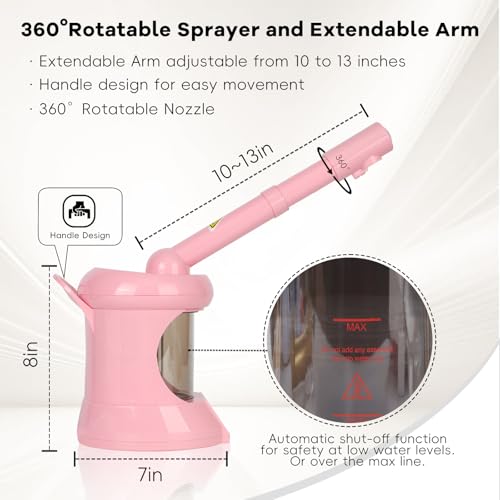 Facial Steamer Professional - Nano Ionic Face Steamer with Extendable Arm, 360°Rotating Nozzle Face Steamer for Facial Deep Cleaning, Steamer for Facial for Personal Care at Home or Salon（Pink）