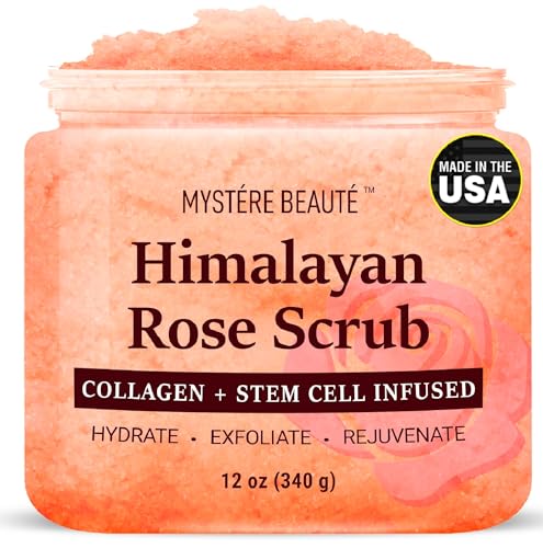 Himalayan Salt Body Scrub 12 oz - with Collagen and Stem Cells - Exfoliating Salt Scrub for Cellulite - Deep Cleansing for Acne, Scars, Wrinkles - Moisturizes Skin