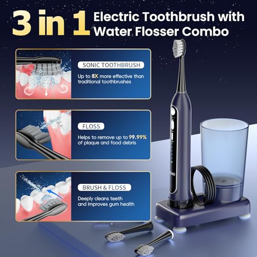 Electric Toothbrush with Water Flosser Combo, All in One Sonic Toothbrush with 3 Modes & 5 Flossing Speeds, Rechargeable & Portable for Adult Teeth Cleaning and Plaque Removal, Dark Blue