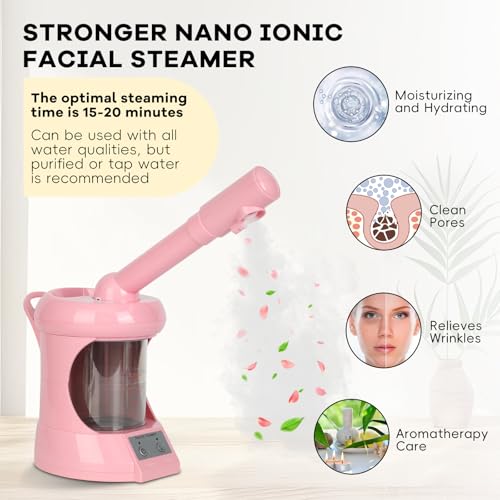 Facial Steamer Professional - Nano Ionic Face Steamer with Extendable Arm, 360°Rotating Nozzle Face Steamer for Facial Deep Cleaning, Steamer for Facial for Personal Care at Home or Salon（Pink）
