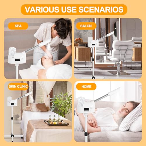 Professional Facial Steamer, Facial Steamer with Hot Mist and Timer Function, Adjustable Height Face Steamer on Wheels with 360° Rotatable Nozzle for Deep Hydration and Cleaning