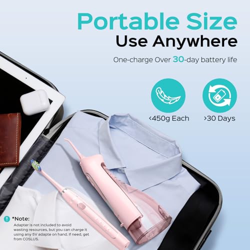 COSLUS Portable Water Flosser with Electric Toothbrush Combo: 2-in-1 Oral Clean Kit for Teeth, Braces, Gums Care - Brushing & Flossing for Adults, Family, Travel Use, BPA-Free, Pink, C20 & C41