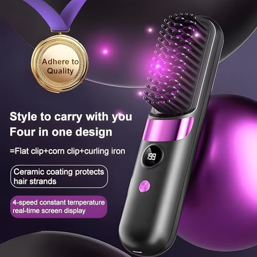 Brush Pro, Portable Wireless Straight Hair Comb, Straightener Brushs for Travel with LCD Temperature Display, Hair Straightener Fast Heating Cordless Mini Hair Brushs (Black)