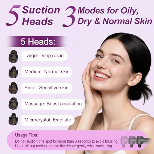 Blackhead Remover Vacuum, Pore Vacuum Blackhead Extractor, Pore Suction Face Suction, Electric 5 Heads Heating, Nose & Face Deep Clean, Pimple Sucker Remover Tools, USB Rechargeable 9 Modes 3 Levels